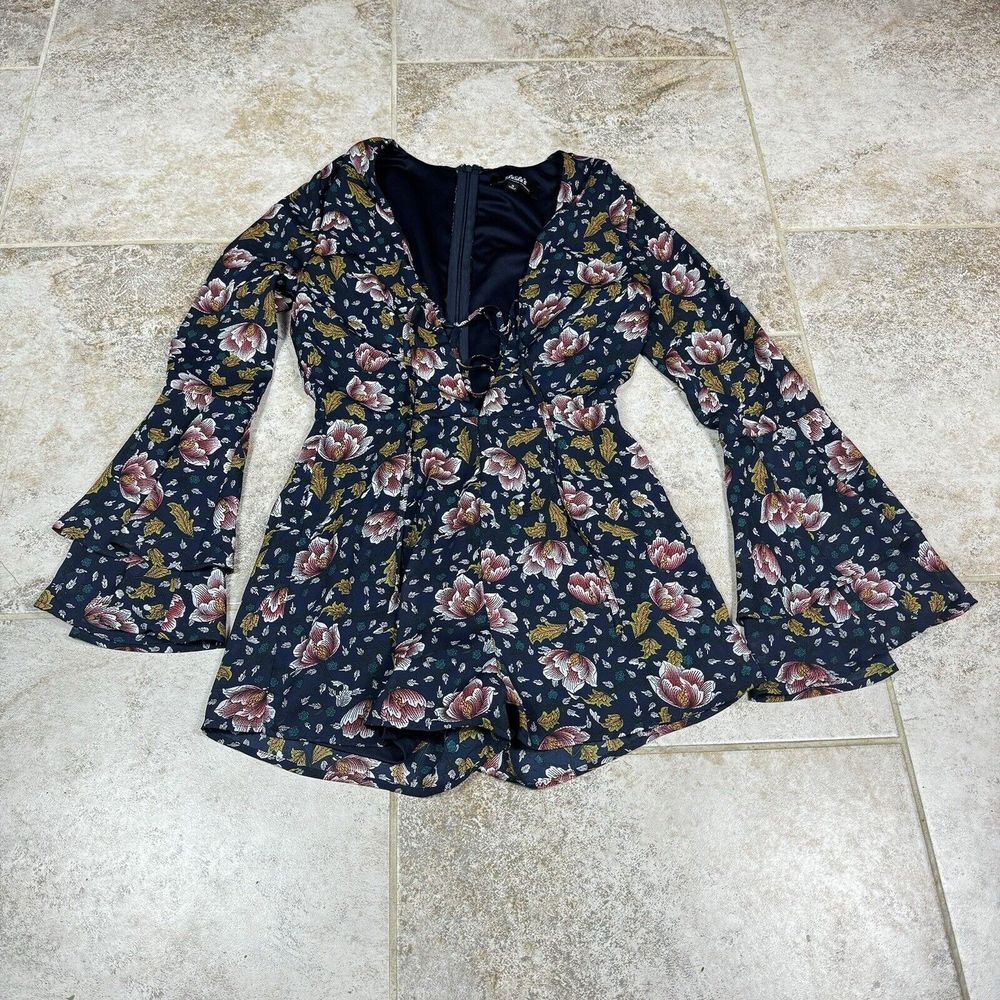 Lulus Romper Womens Small Navy Blue Floral Long Bell Sleeve Lace-Up V-Neck
